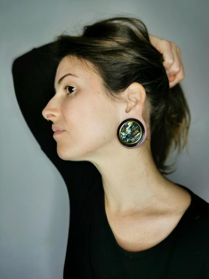 Girl wearing beautiful  Gold Mosaic Abalone Wood Ear Plug / Gauge