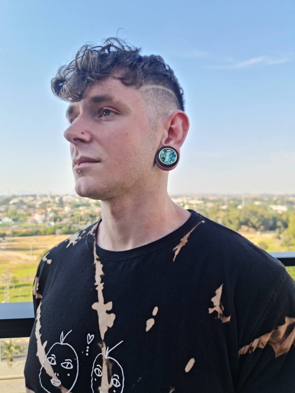 guy wearing unique  Gold Mosaic Abalone Wood Ear Plug / Gauge