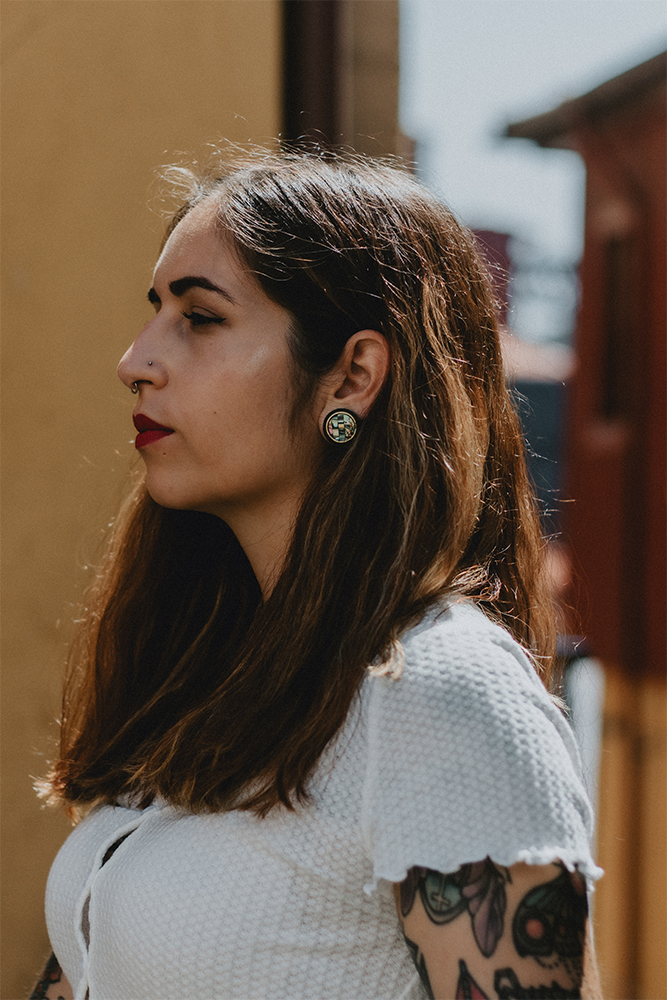 girl wearing cute  Gold Mosaic Abalone Wood Ear Plug / Gauge