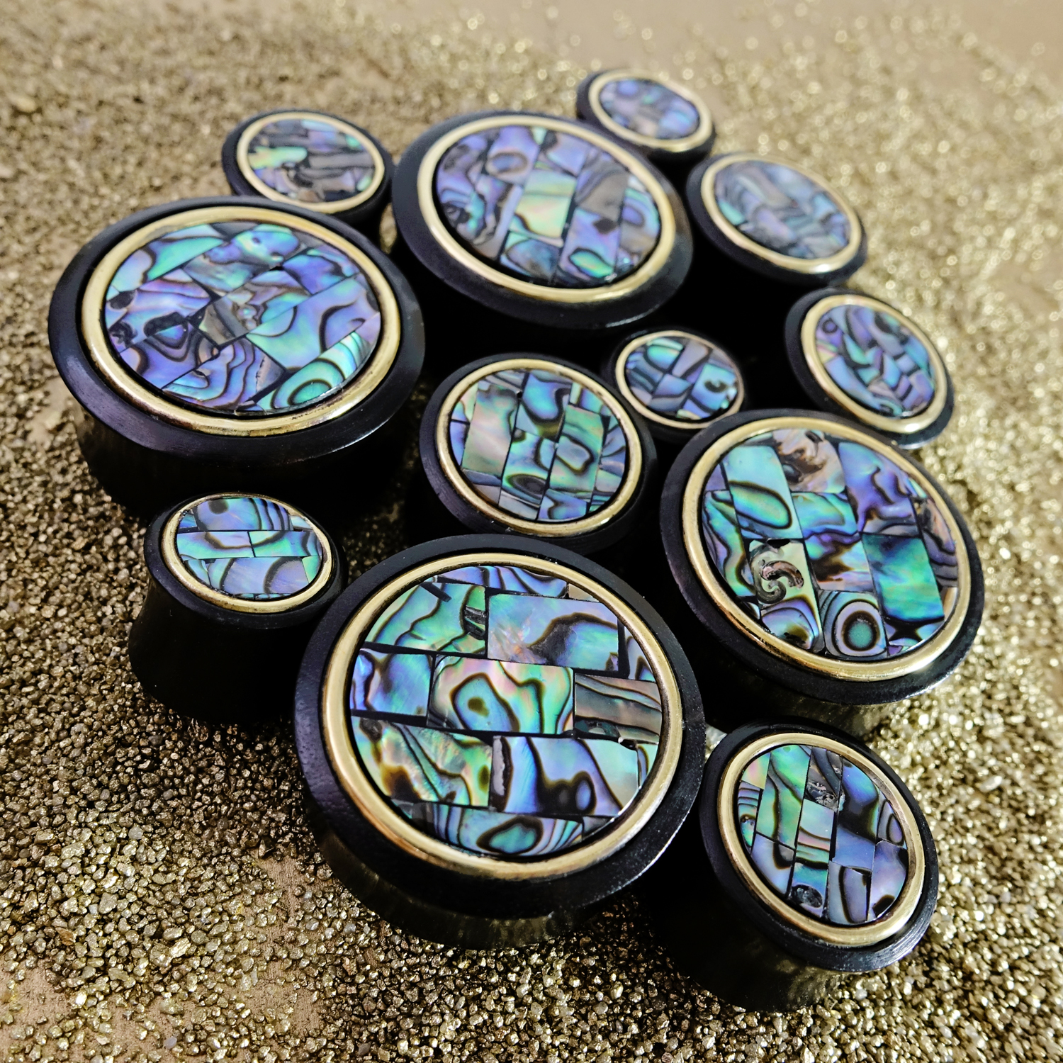 unique  Gold Mosaic Abalone Wood Ear Plug / Gauge