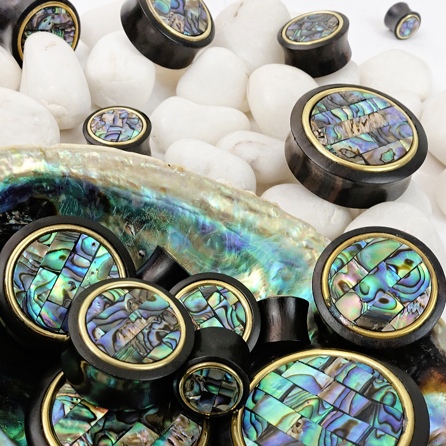 shiny  Gold Mosaic Abalone Wood Ear Plug / Gauge