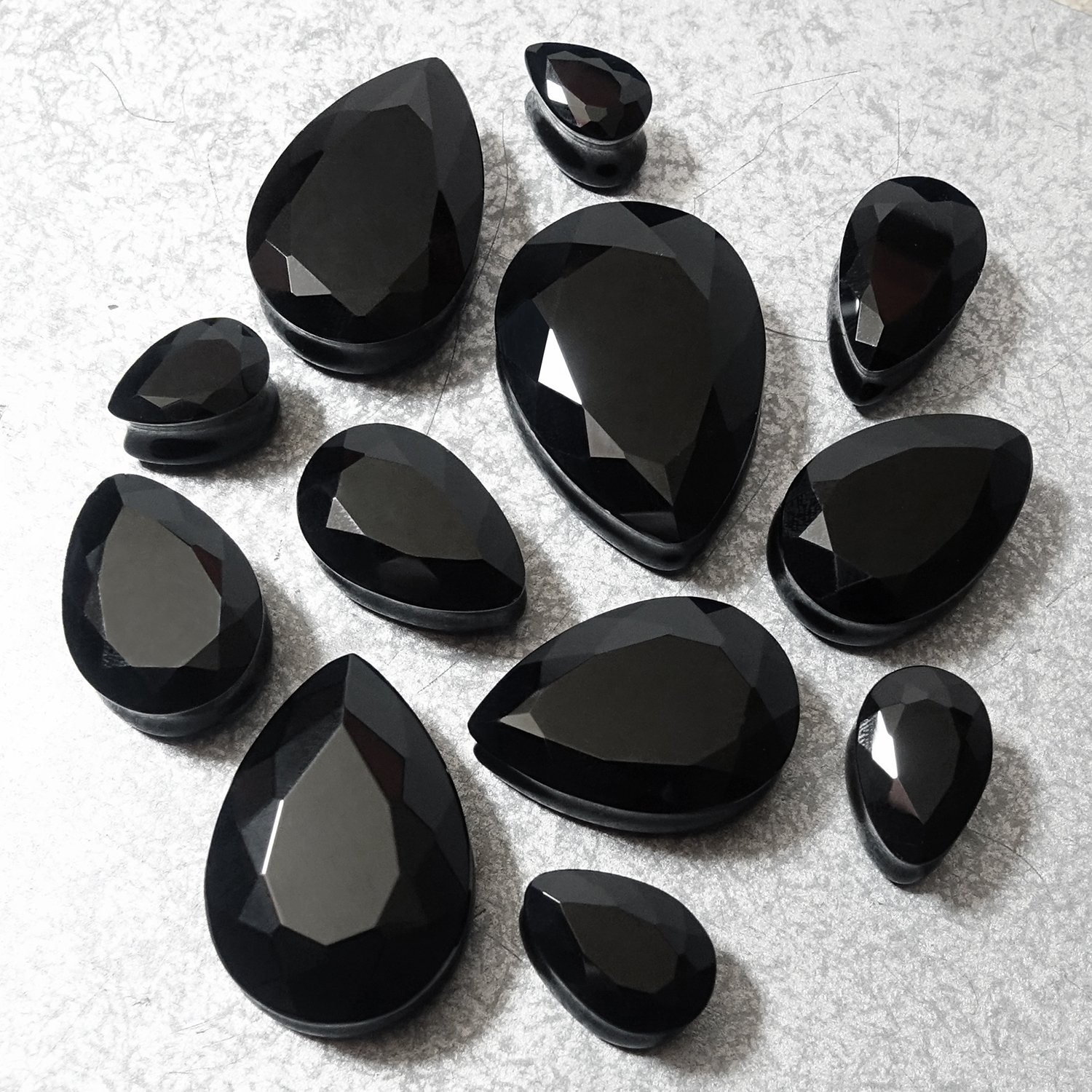 dark  Black Faceted Obsidian Teardrop Glass Plug / Gauge