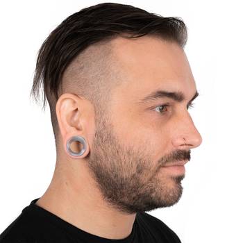 Guy wearing cool Grey Cats Eye Glass Ear Tunnel