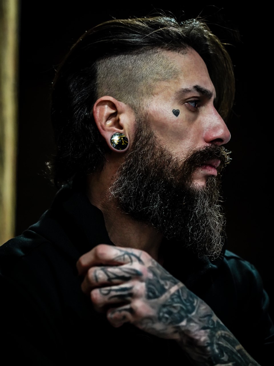 guy wearing cool  Marble Orange & Black Stone Plug / Gauge