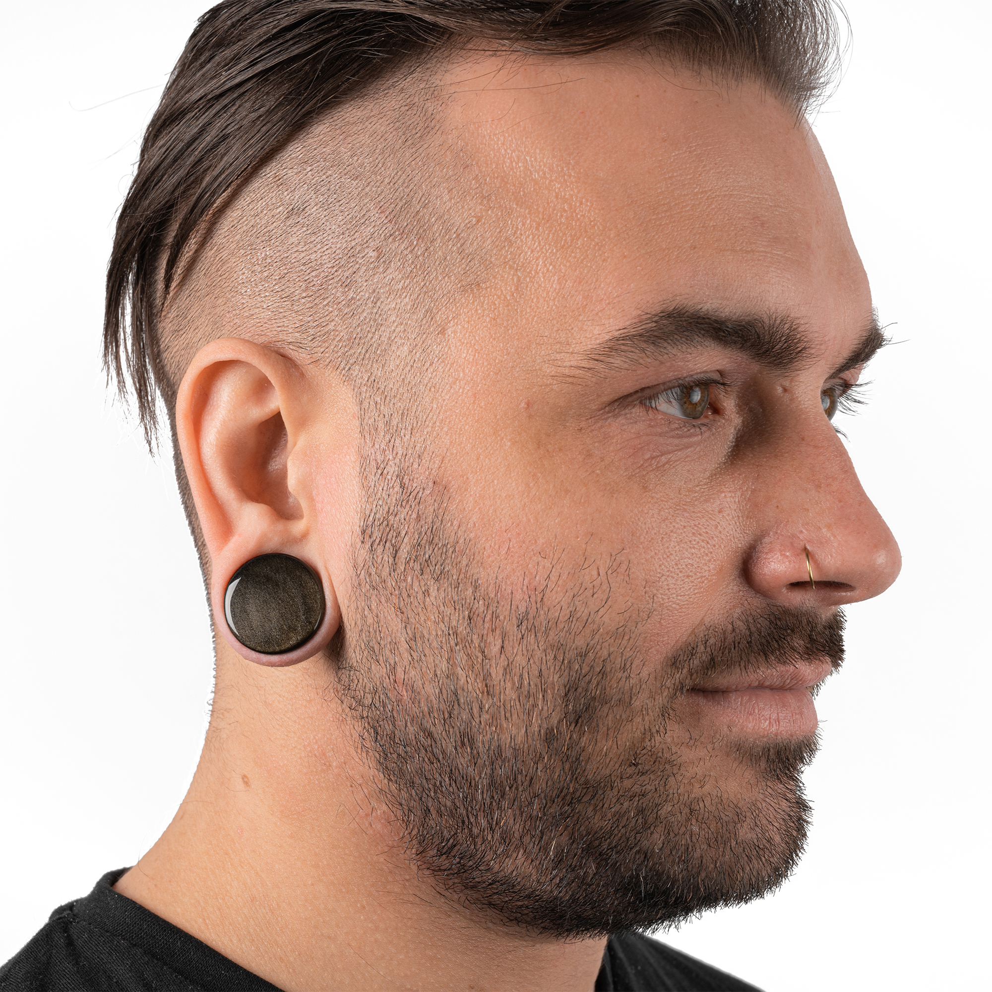 Guy wearing cool Gold Obsidian Stone Plug / Gauge