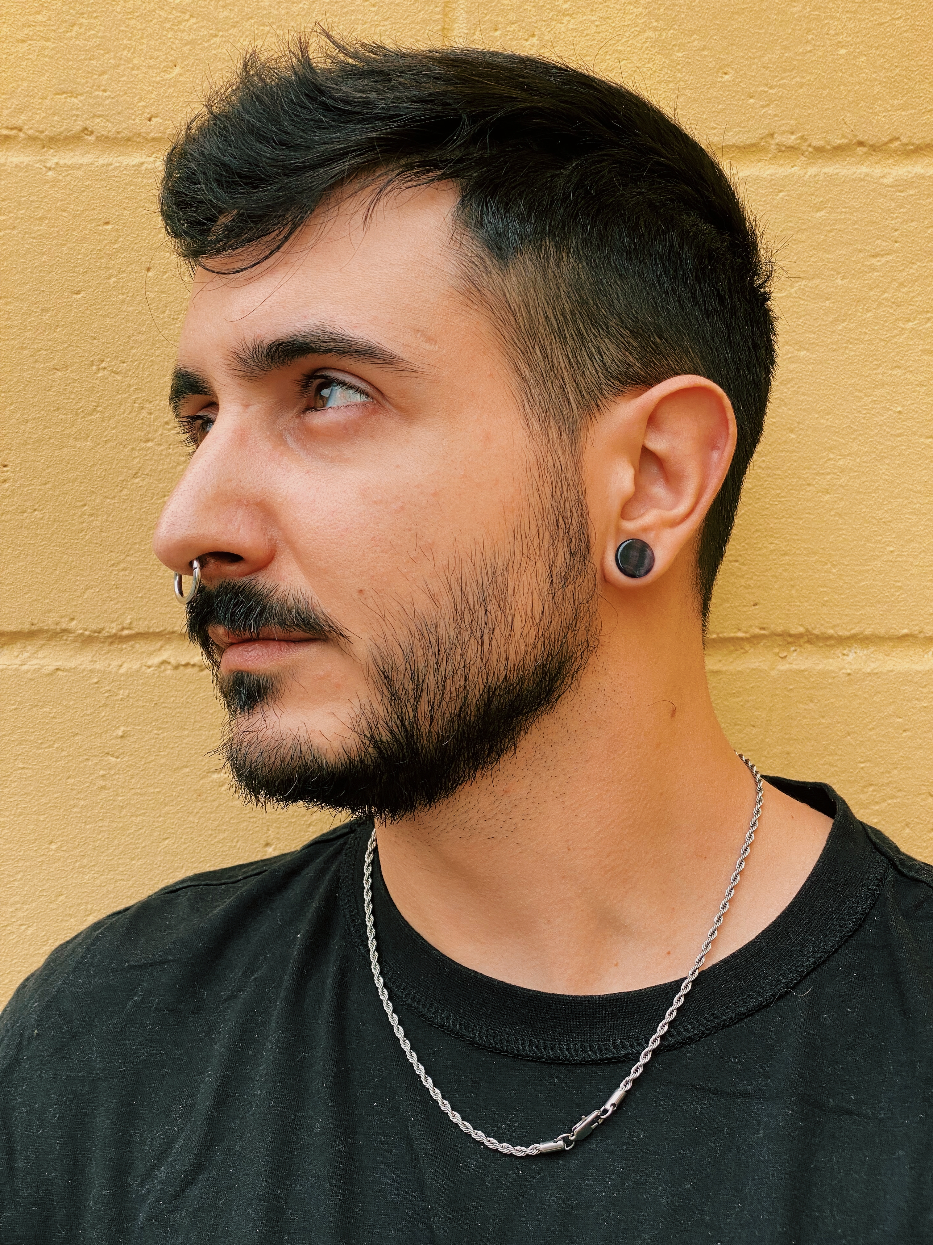 guy wearing small  Rainbow Fluorite Stone Plug / Gauge