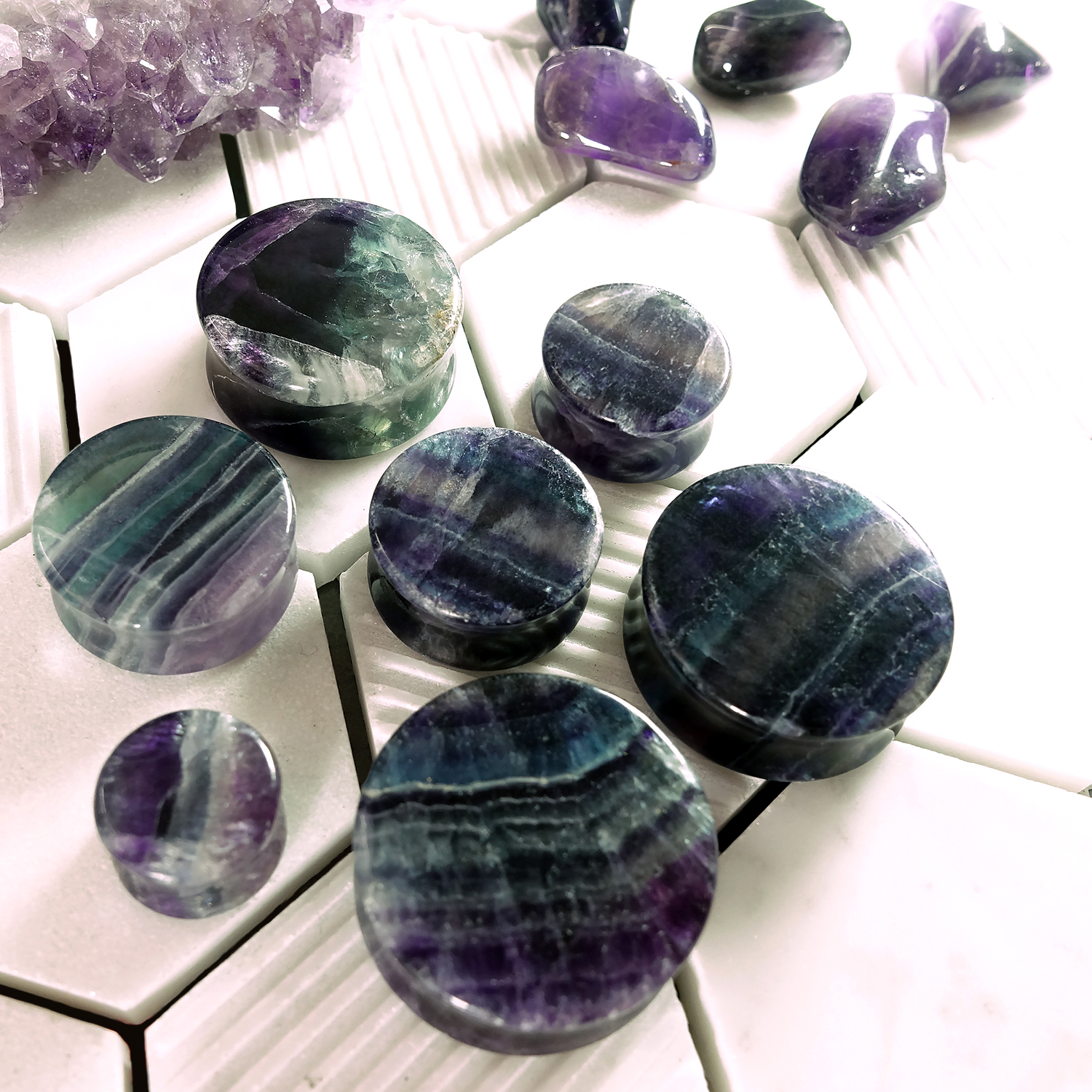 Beautiful  Rainbow Fluorite Stone Plug / Gauge