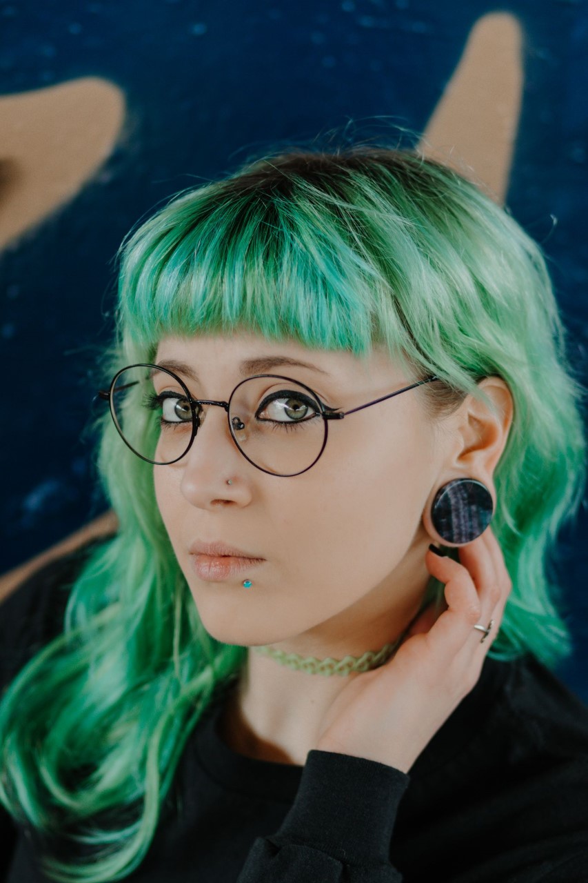 girl wearing unique  Rainbow Fluorite Stone Plug / Gauge