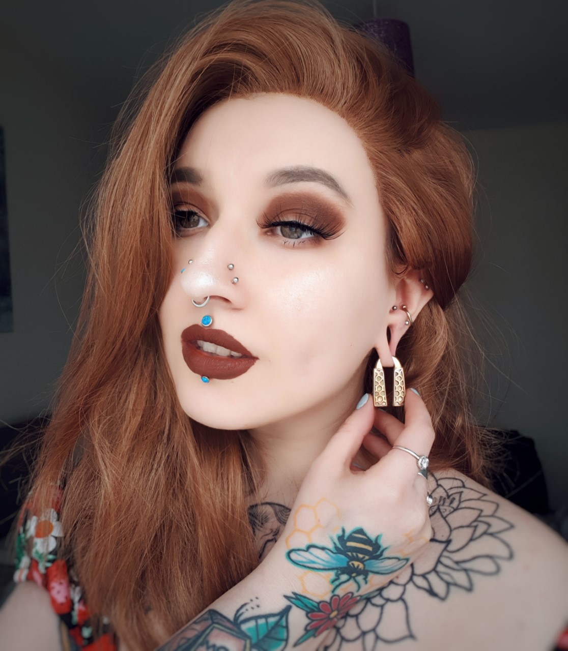 Girl wearing small  Honeycomb - Copper & Brass Ear Weights (Pair)
