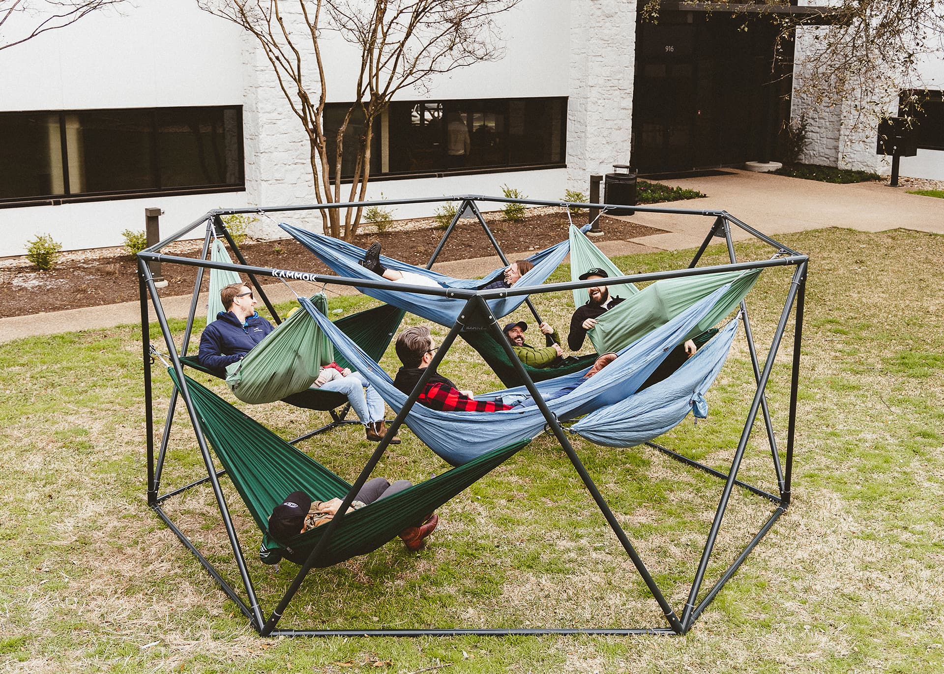 Weaver encourages people to get outside and feel restored with attachment points for 8 hammocks that make setup a breeze.
