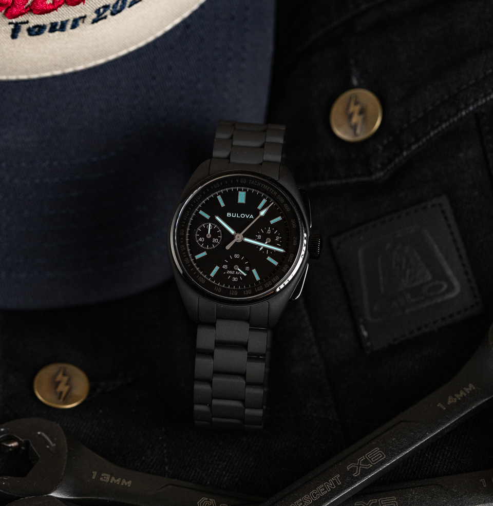 Bulova Lunar Pilot Black Hole — 98A335 Polished Bezel & Pusher Contrast