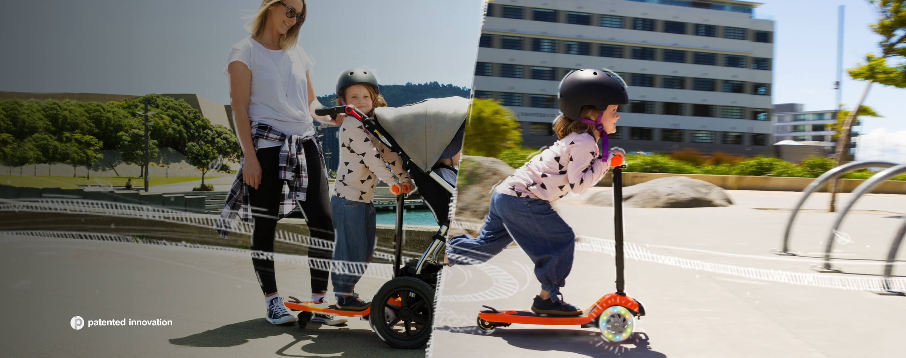 Kid riding scooter board at park using safety helmet - Mountain Buggy freerider™ buggy board attached to rear of pram.