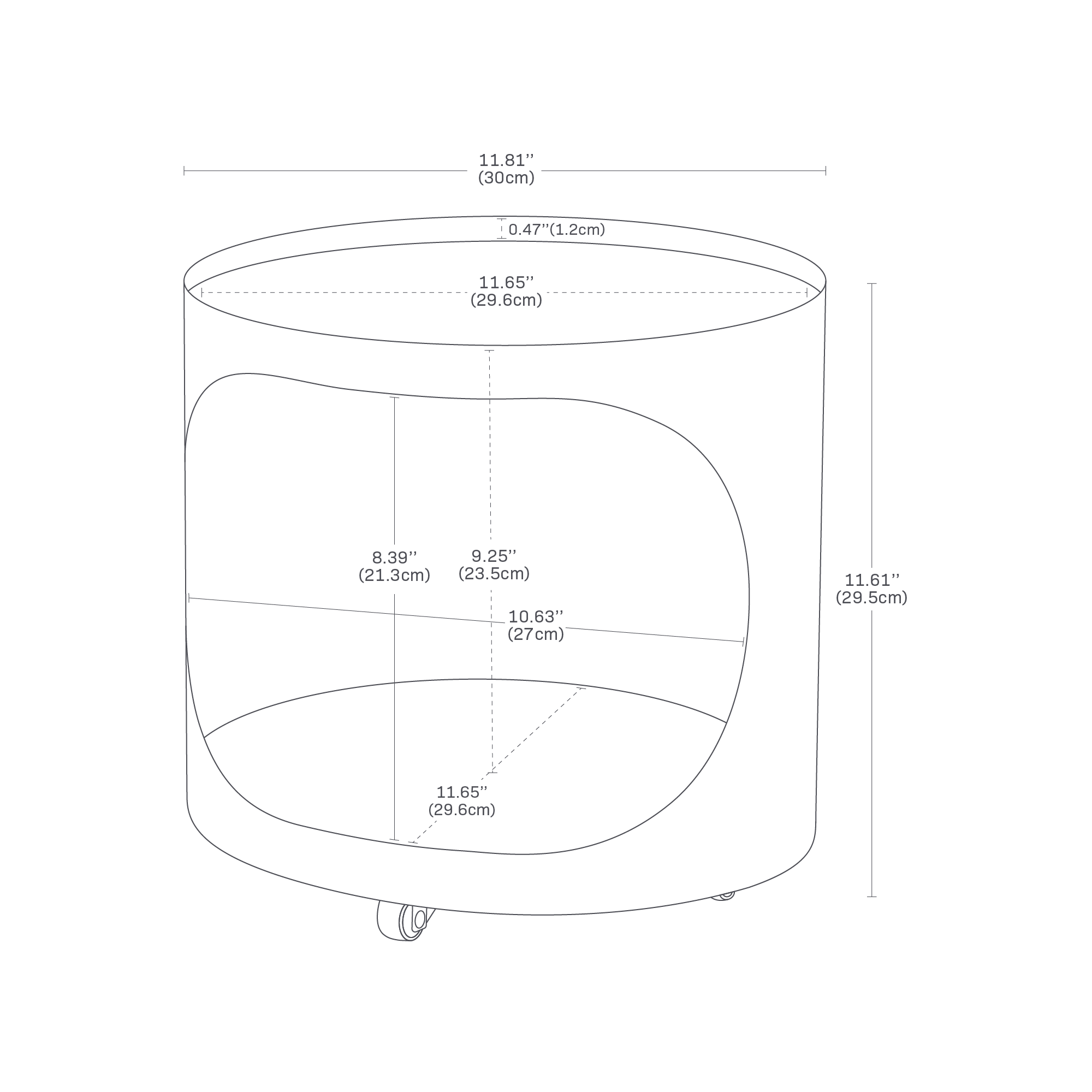 The image shows a Rolling Storage Table measuring 11.81″ W × 11.61″ H. Inner width is 11.65″, rim is 0.47″ H, and opening measures 10.63″ W × 8.39″ H, with 9.25″ center height and 11.65″ base depth.