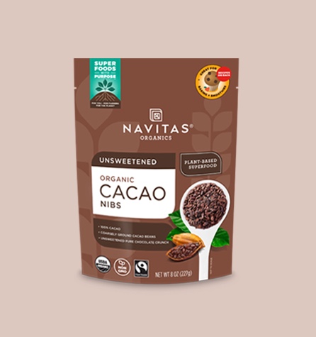 An unopened bag of Navitas Organics Cacao Nibs