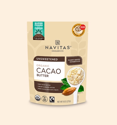 An unopened bag of Navitas Organics Cacao butter