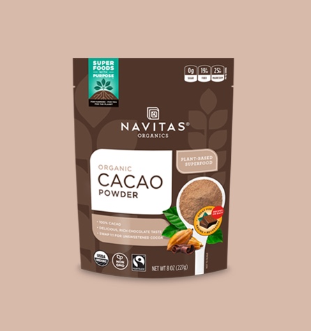 An unopened bag of Navitas Organics Cacao powder