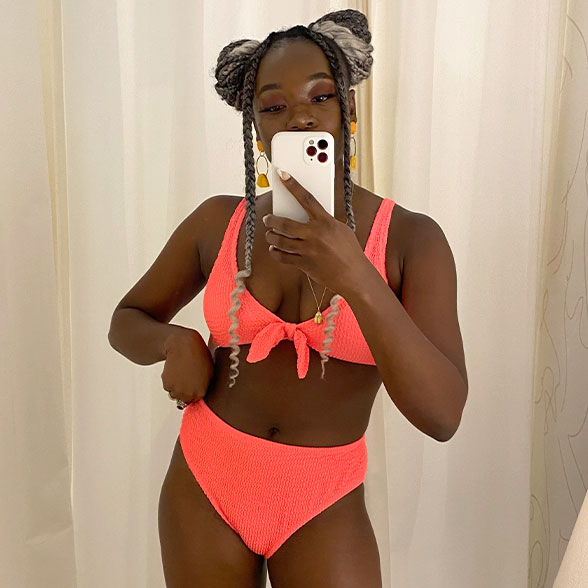 The Swim Ruched High Waist Bikini Bottom: Electric Pink - Customer UGC Image