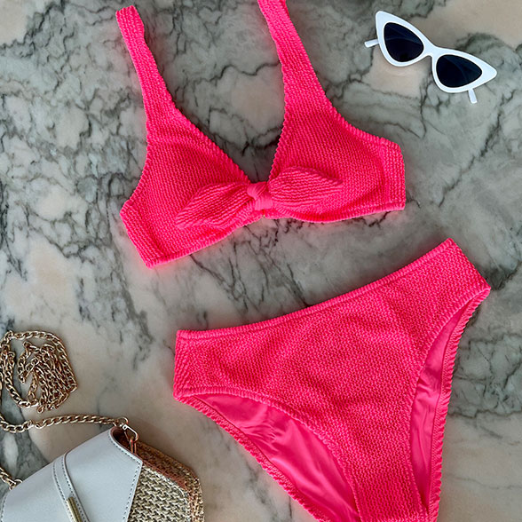 The Swim Ruched High Waist Bikini Bottom: Electric Pink - Customer UGC Image