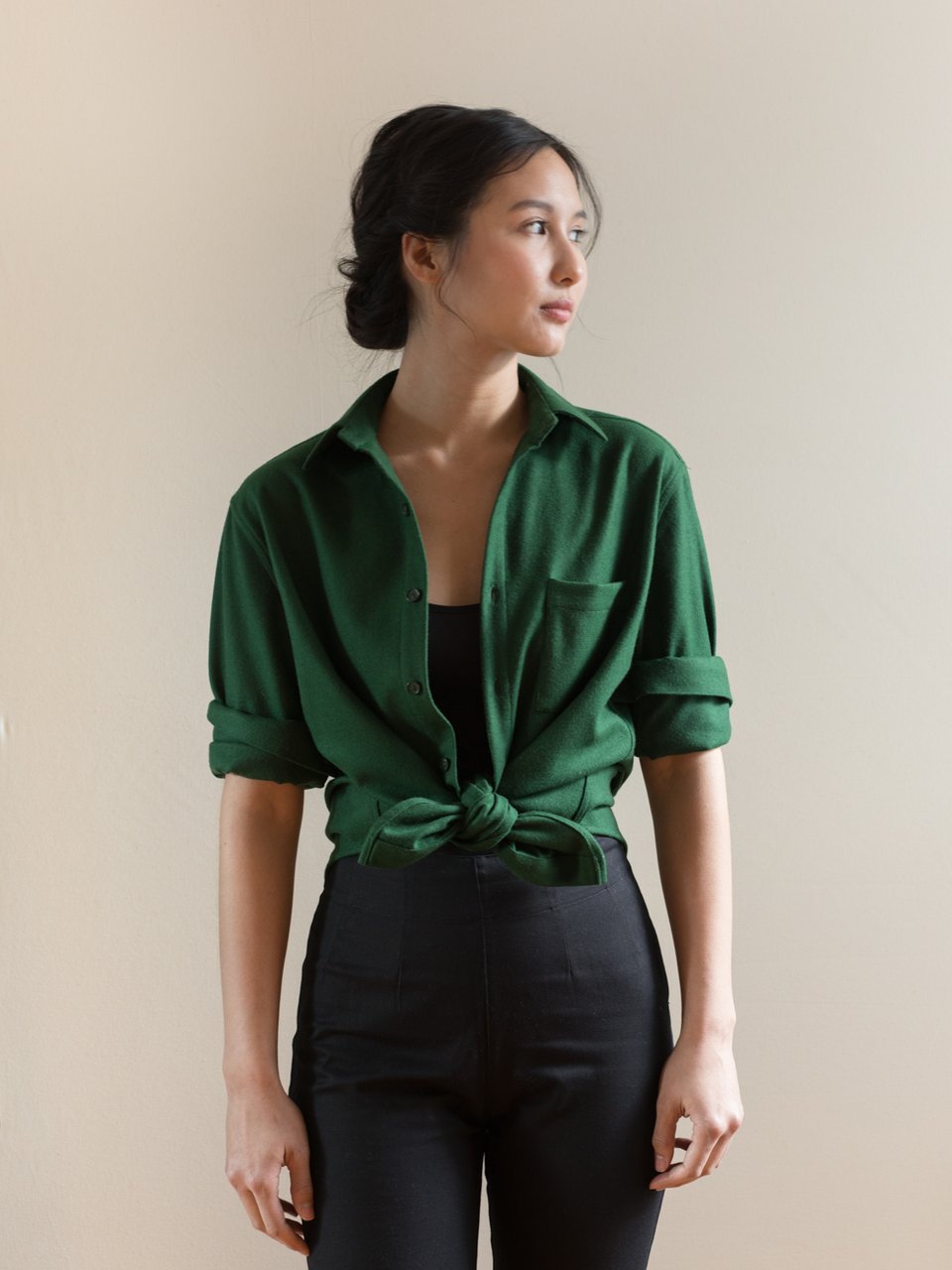 The New Oxford Shirt in 'Exacting Green' Merino Wool | NAOMI NOMI