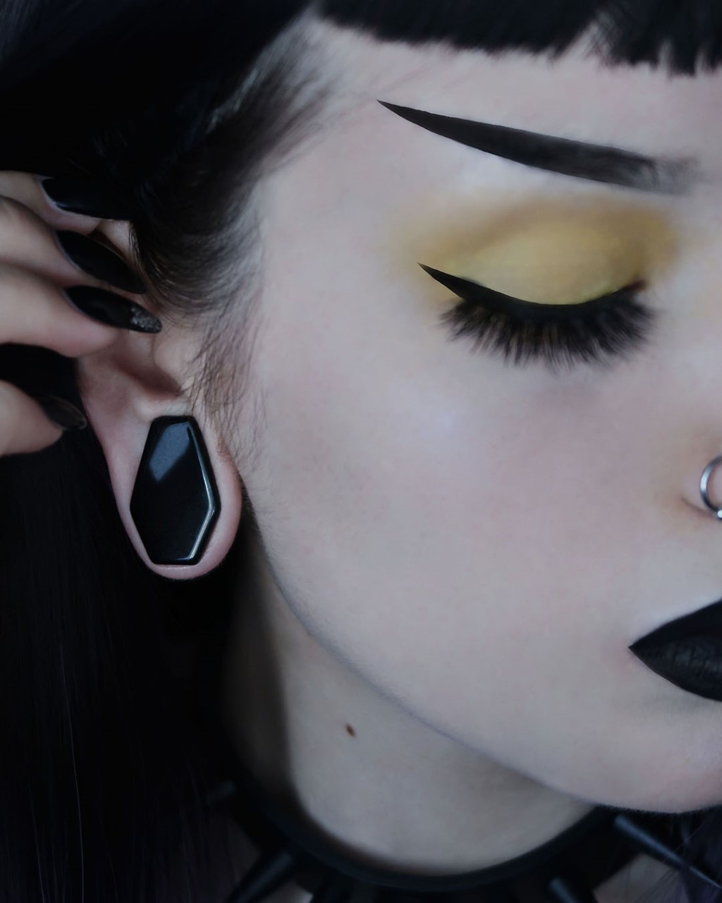 Women wearing goth Black Coffin Glass Plug / Gauge