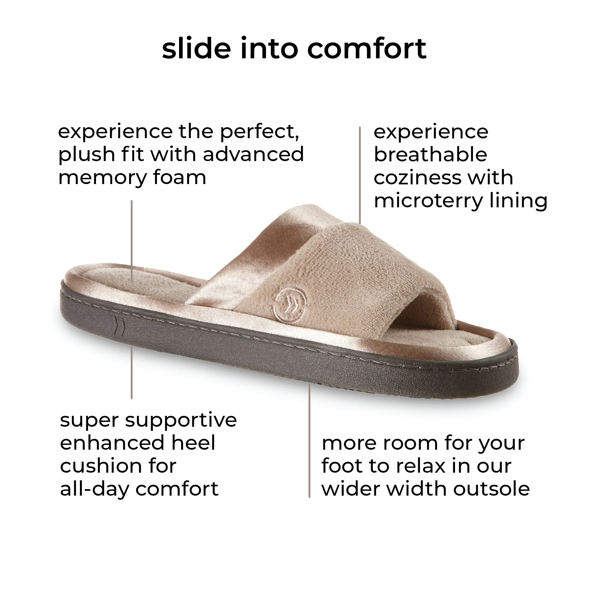 Women s Microterry Satin Trim Slide Slippers Wide Width Slipper Isotoner USA