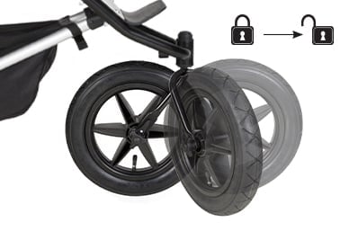 rueda delantera con 2 opciones para bloquearse hacia atrás (control en terrenos irregulares) o giro completo de 360° (maniobrabilidad para navegar por espacios reducidos)