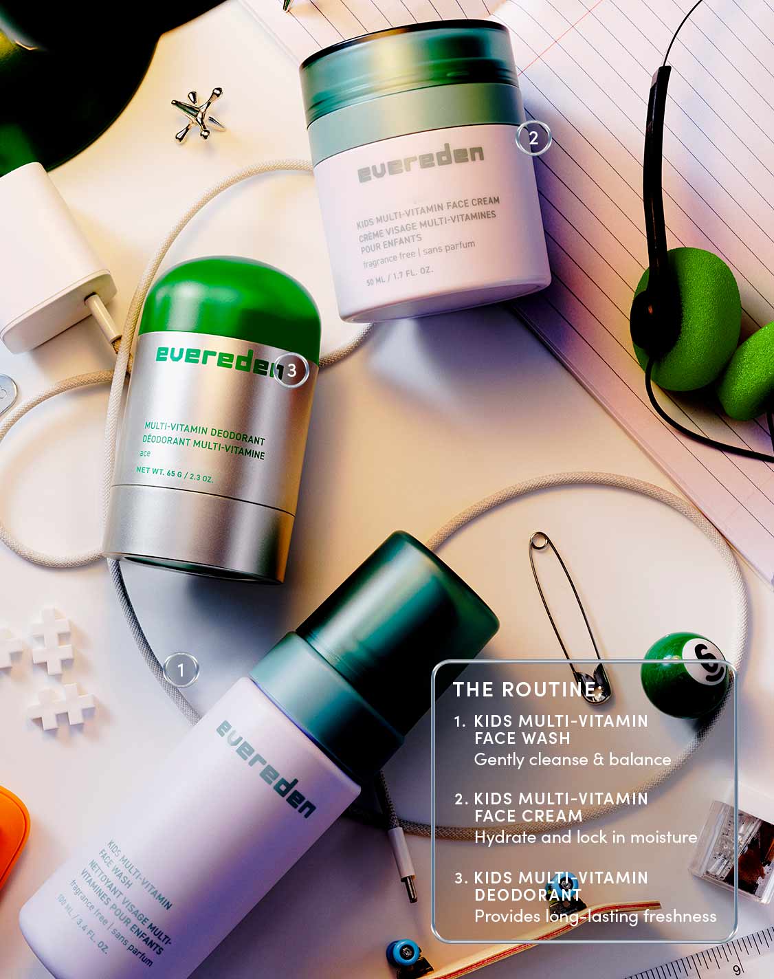 THE ROUTINE:

KIDS MULTI-VITAMIN FACE WASH
Gently cleanse & balance
KIDS MULTI-VITAMIN FACE CREAM
Hydrate and lock in moisture
KIDS MULTI-VITAMIN DEODORANT
Provides long-lasting freshness