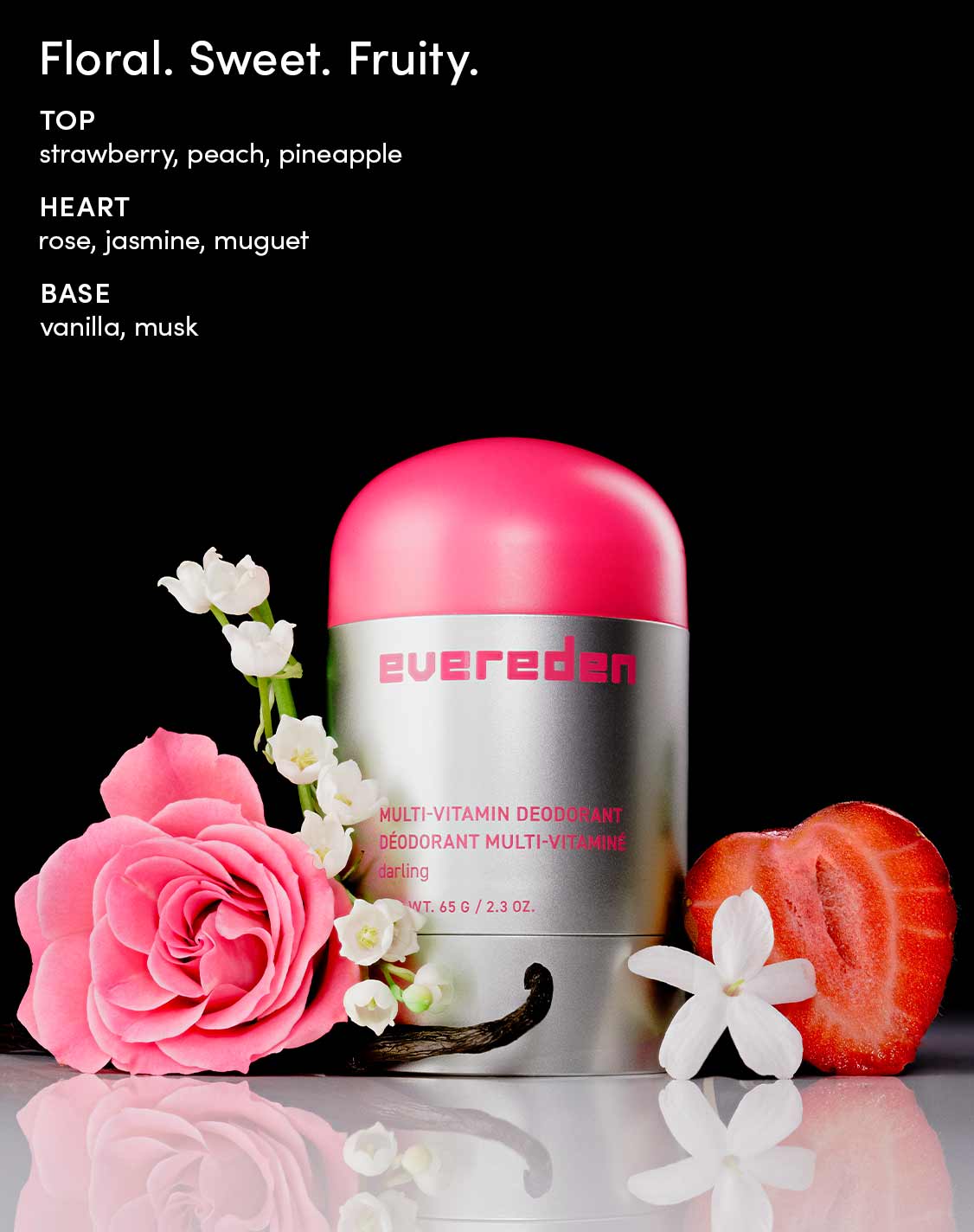 Floral. Sweet. Fruity.
TOP
strawberry, peach, pineapple
HEART
rose, jasmine, muguet
BASE
vanilla, musk