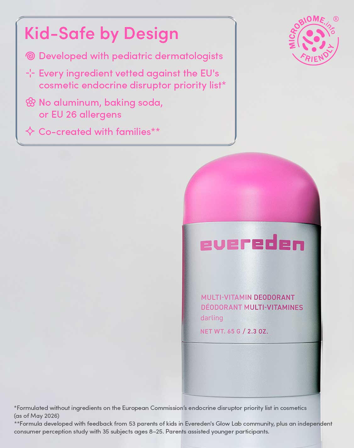 Kid-Safe by Design

Developed with pediatric dermatologists
Every ingredient vetted against the EU's cosmetic endocrine disruptor priority list*
No aluminum, baking soda, or EU 26 allergens
Co-created with families**

MICROBIOME.info ® FRIENDLY
*Formulated without ingredients on the European Commission's endocrine disruptor priority list in cosmetics (as of May 2026)
**Formula developed with feedback from 53 parents of kids in Evereden's Glow Lab community, plus an independent consumer perception study with 35 subjects ages 8–25. Parents assisted younger participants.