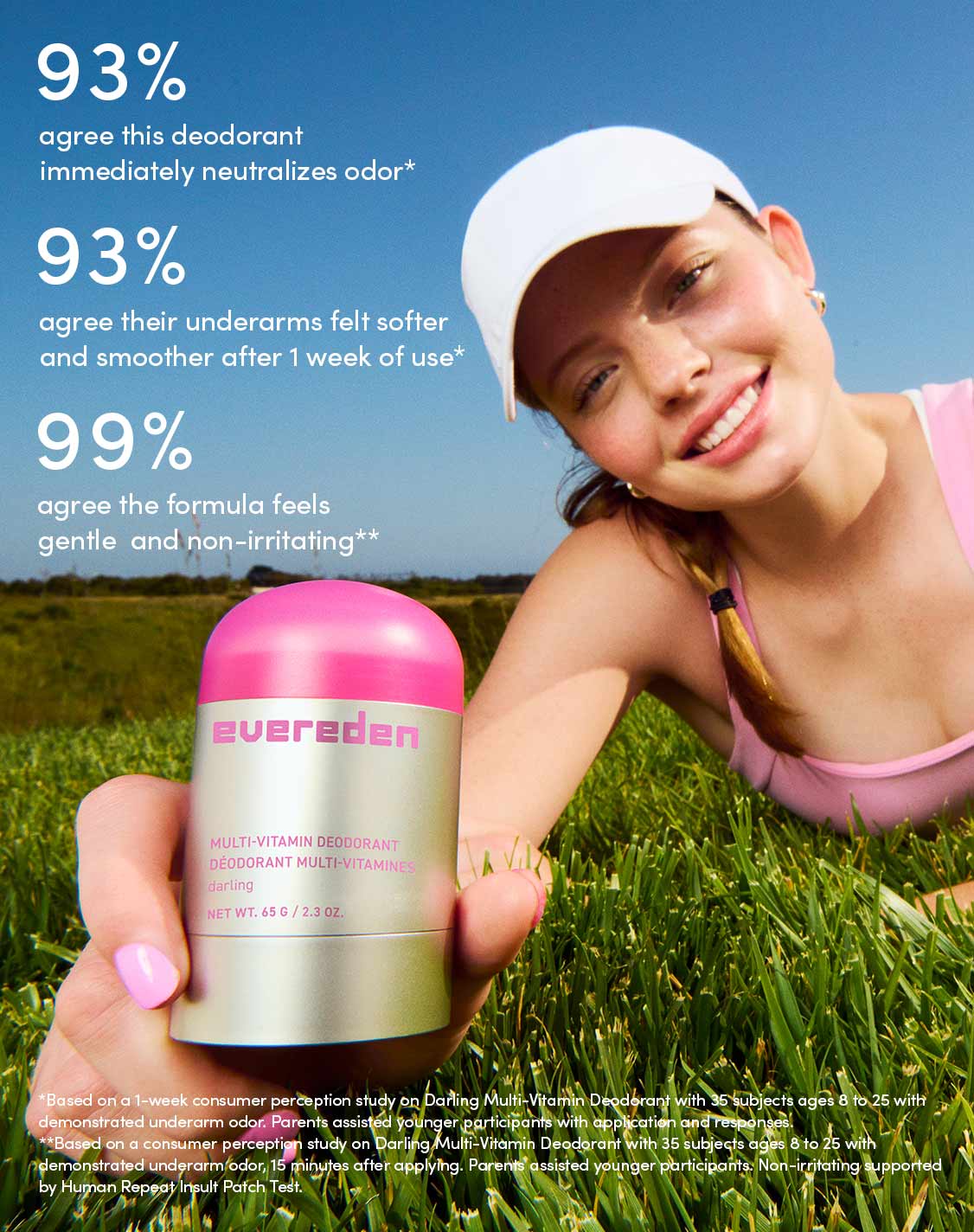 93%
agree this deodorant immediately neutralizes odor*
93%
agree their underarms felt softer and smoother after 1 week of use*
99%
agree the formula feels gentle and non-irritating**
*Based on a 1-week consumer perception study on Darling Multi-Vitamin Deodorant with 35 subjects ages 8 to 25 with demonstrated underarm odor. Parents assisted younger participants with application and responses.
**Based on a consumer perception study on Darling Multi-Vitamin Deodorant with 35 subjects ages 8 to 25 with demonstrated underarm odor, 15 minutes after applying. Parents assisted younger participants. Non-irritating supported by Human Repeat Insult Patch Test.