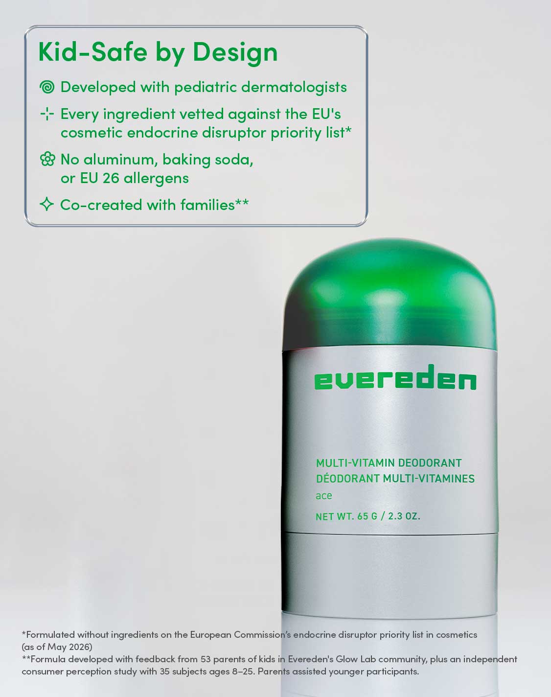 Kid-Safe by Design

Developed with pediatric dermatologists
Every ingredient vetted against the EU's cosmetic endocrine disruptor priority list*
No aluminum, baking soda, or EU 26 allergens
Co-created with families**


*Formulated without ingredients on the European Commission's endocrine disruptor priority list in cosmetics (as of May 2026)
**Formula developed with feedback from 53 parents of kids in Evereden's Glow Lab community, plus an independent consumer perception study with 35 subjects ages 8–25. Parents assisted younger participants.