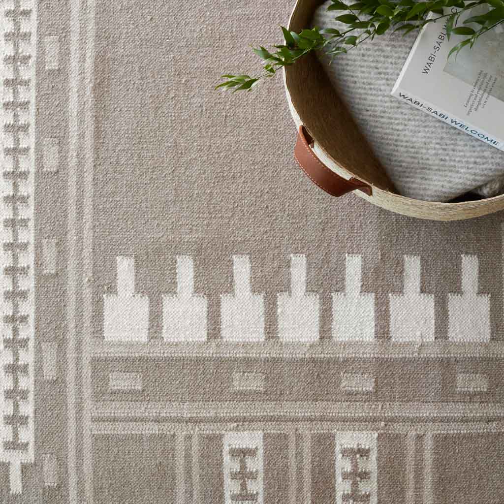 Flax and cream woven patterned area rug, flax