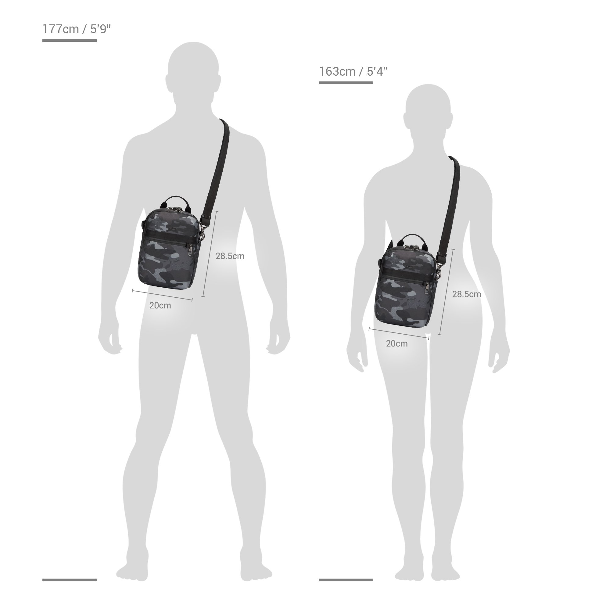 Size chart for Pacsafe® X anti-theft vertical crossbody