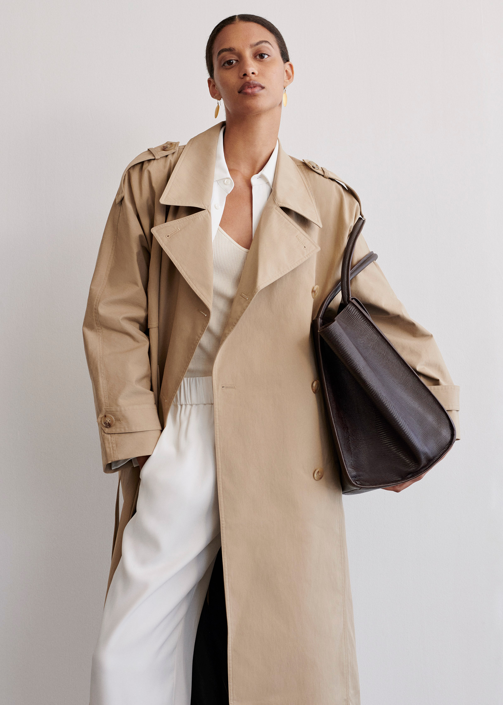 Long Trench Coat in Cotton Twill - Beige - CO