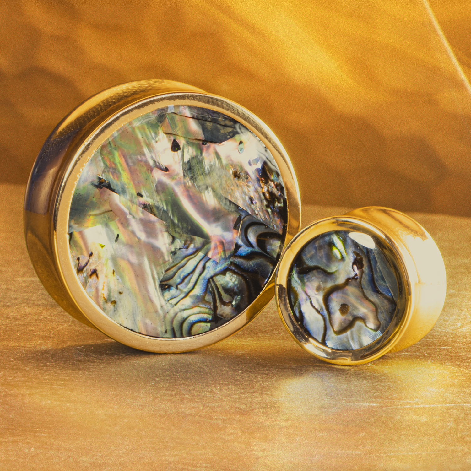 Abalone Inlay Weighted Brass Metal Plugs - Ear Plugs, Gauges, Custom Plugs Abalone Inlay Heavy Brass Metal Ear Gauge / Plug