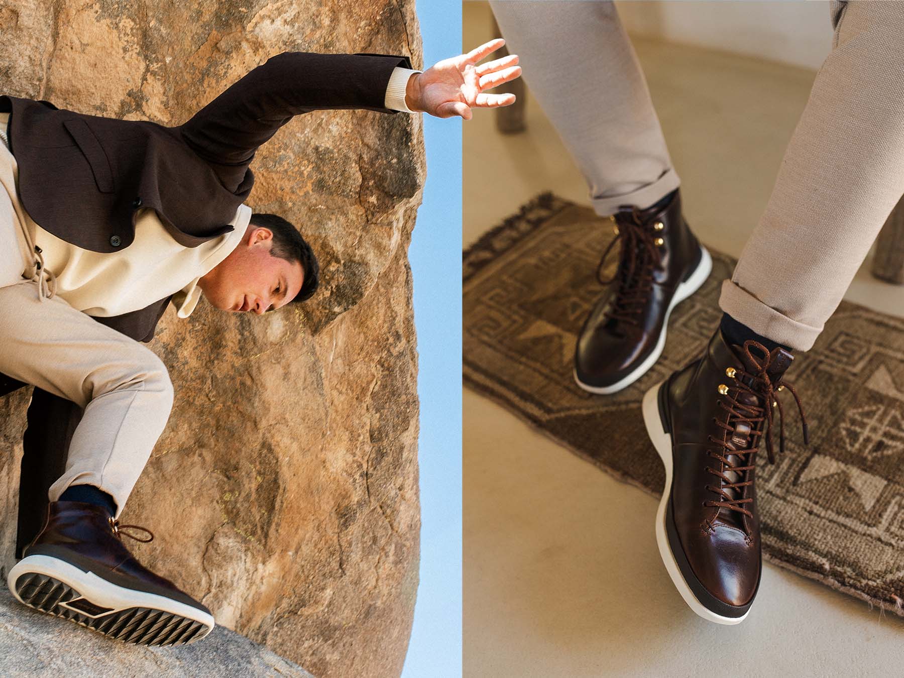 Two images side by side. Image on the left : Man jumping wearing boot Men's boot Crossover Hiker WTZ in maple , Image on the right: Knee down view of a man sitting wearing Men's boot Crossover Hiker WTZ in Maple