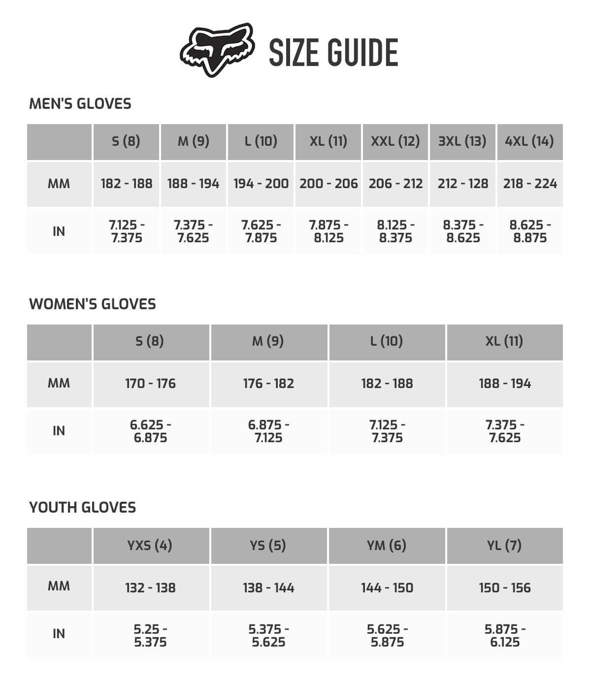 Fox Gloves Sizing Chart Images Gloves and Descriptions