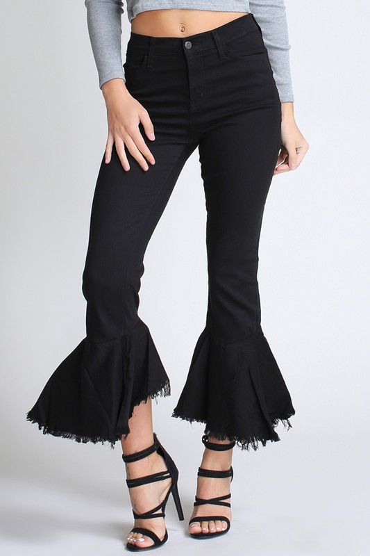 black jeans with ruffle bottom