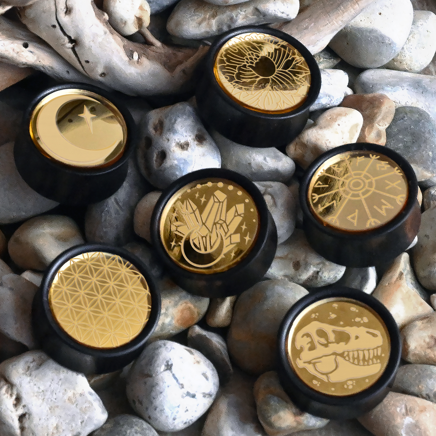 Crescent Moon Gold Inlay Wood Plug - Custom Plugs, Ear Plugs, Gauges, Stretched Ears Crescent Moon Plug / Gauge - Gold Inlay Ebony Wood | Convex Double Flare