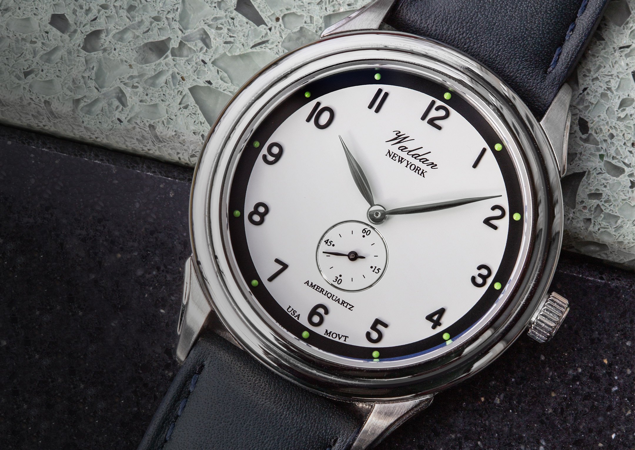 Waldan Heritage Professional Ref. 0196A watch featuring a white dial, black Arabic numerals, sub-seconds dial, and black leather strap