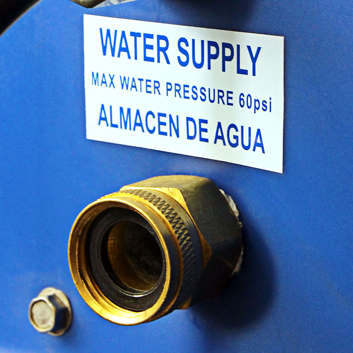 Close-up of the 36 in. evap cooler's water supply hose connection.