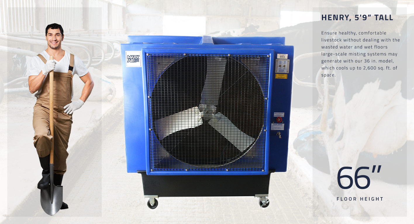 Ensure healthy, comfortable livestock without dealing with the wasted water and wet floors large-scale misting systems may generate with our 36 in. model, which cools up to 2,600 sq. ft. of space. This unit stands at 66 in. tall.