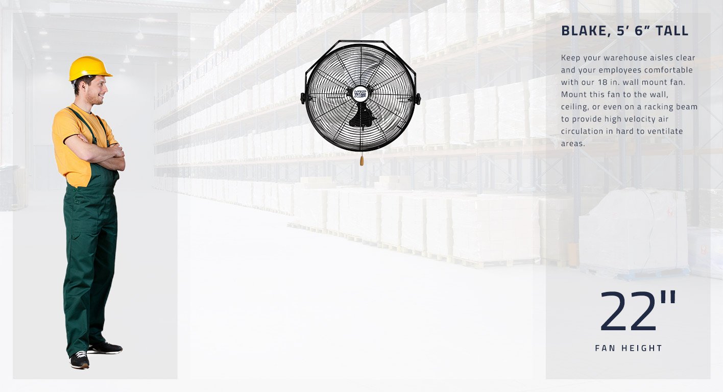 Keep your warehouse aisles clear and your employees comfortable with our 18 in. wall mount fan. Mount this fan to the wall, ceiling, or even on a racking beam to provide high velocity air circulation in hard to ventilate areas. This fan is 22 inches high with bracket in ceiling mount position.