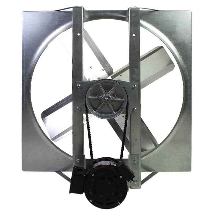 Overhead view of a belt drive whole house fan.
