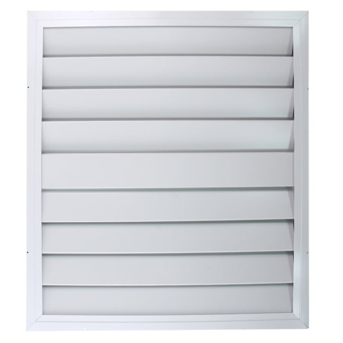 Front view of the automatic whole house fan shutter with white finish.