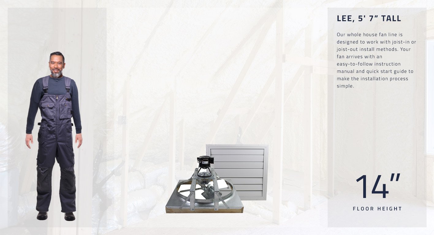 Our whole house fan line is designed to work with joist-in or joist-out install methods. Your fan arrives with an easy-to-follow instruction manual and quick start guide to make the installation process simple. This fan is 14 inches high.