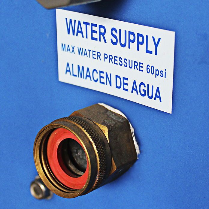 Close-up of the 36 in. evap cooler's water supply hose connection.