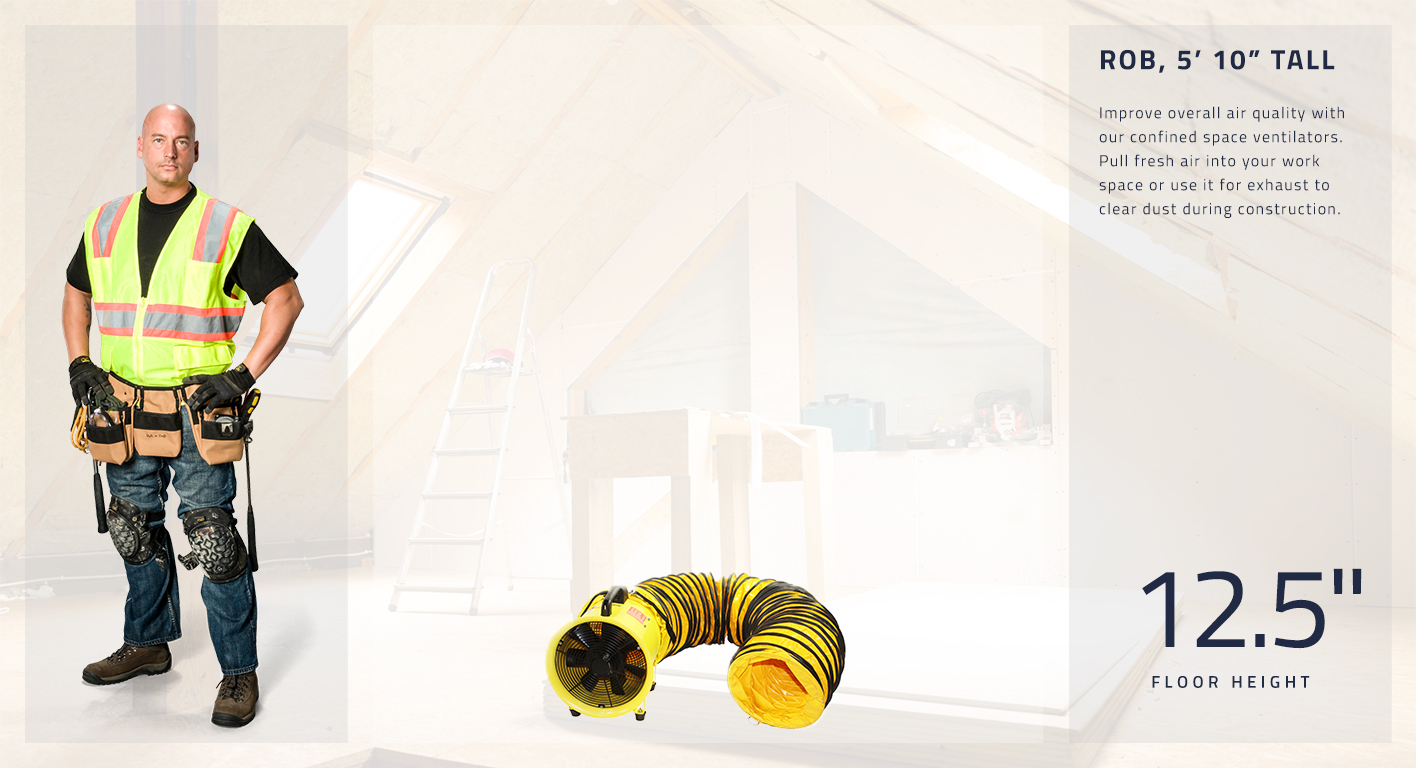 The 8 in. confined space ventilator stands at 12.5 inches tall and can be used to pull fresh air into a work space or exhaust dust during construction.