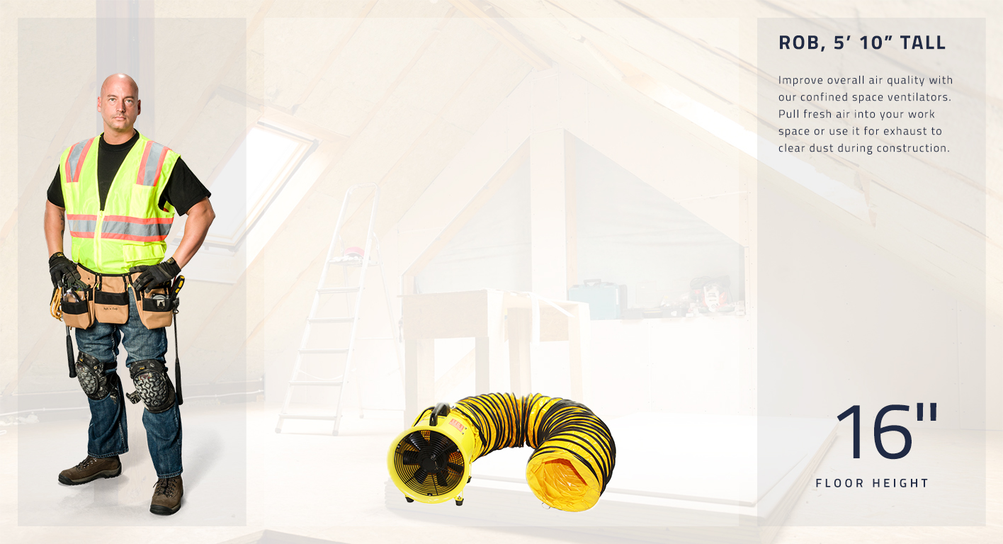 The 12 in. confined space ventilator stands at 16 inches tall and can be used to pull fresh air into a work space or exhaust dust during construction.
