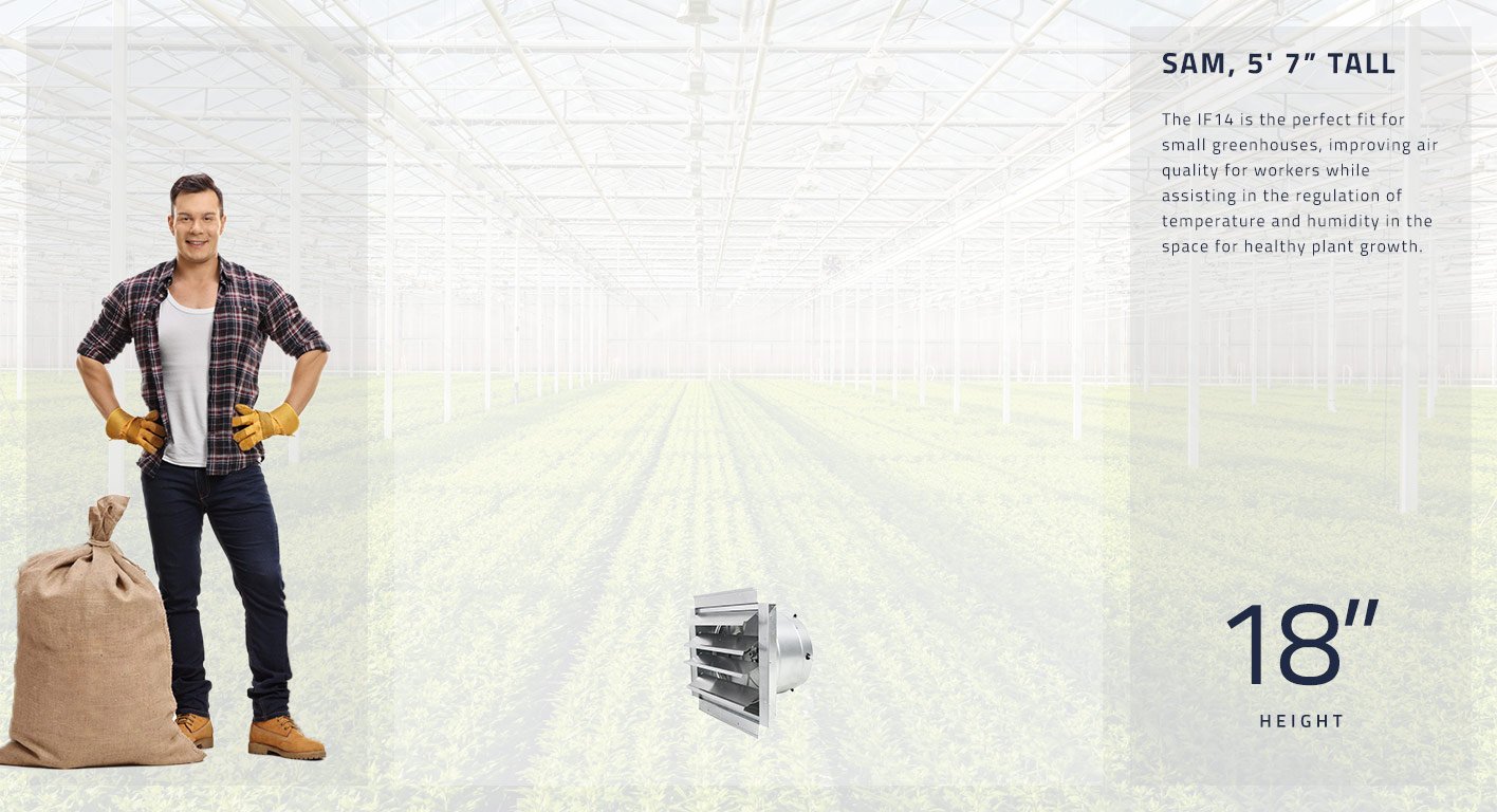 The IF14 is the perfect fit for small greenhouses, improving air quality for workers while assisting in the regulation of temperature and humidity in the space for healthy plant growth. This fan measures 18 inches high.